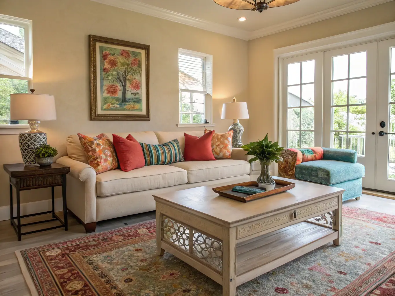 A beautifully painted living room with vibrant wall colors and smooth finish, showcasing PrimeCoat Painting's interior painting service.