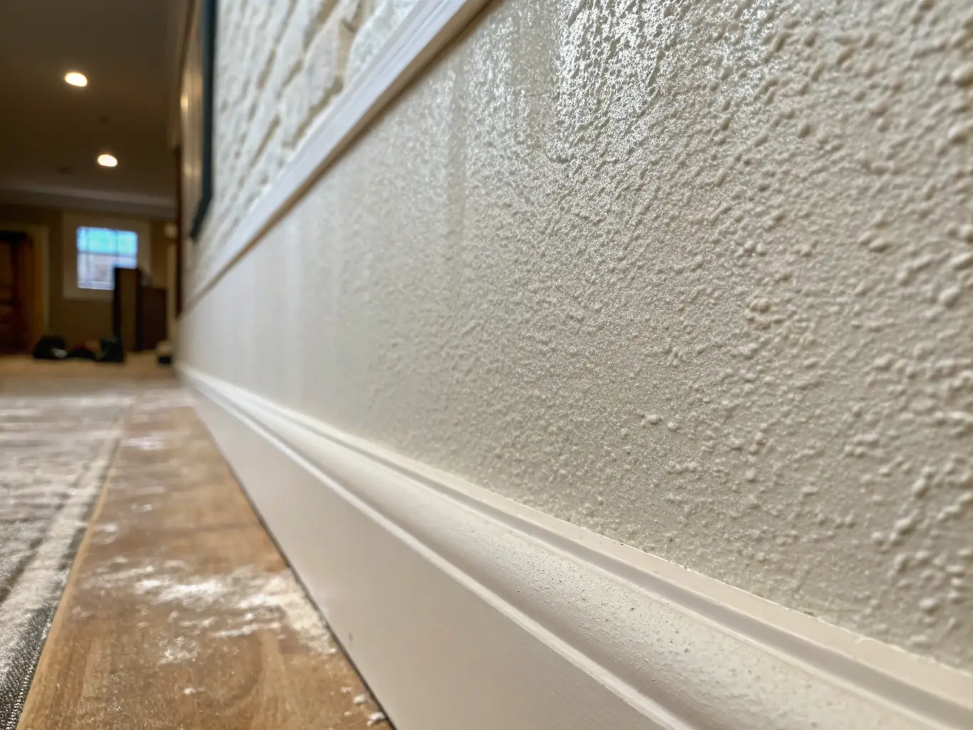 Close-up of wall repair work with patched and sanded surfaces ready for painting, illustrating PrimeCoat Painting's wall repair service.